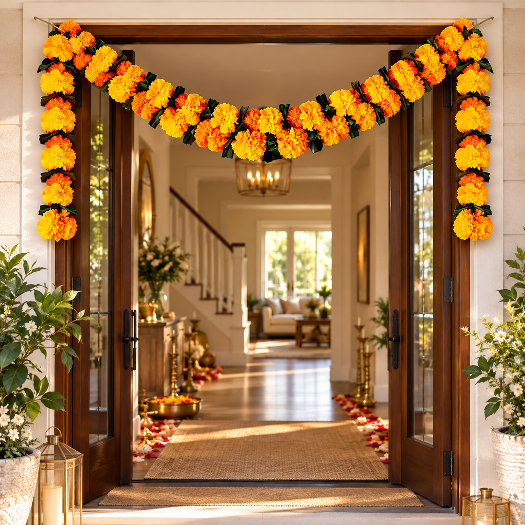 Indian Set of 5 Marigold Garlands with Leaves for Diwali, Chrismas,  Dia de los muertos Altar, Pooja