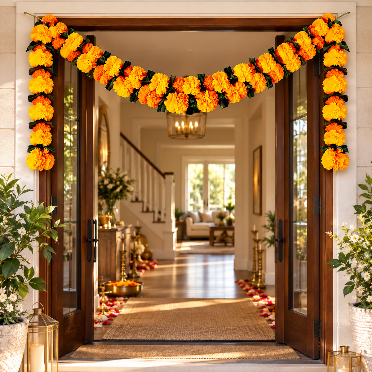 Indian Set of 5 Marigold Garlands with Leaves for Diwali, Chrismas,  Dia de los muertos Altar, Pooja