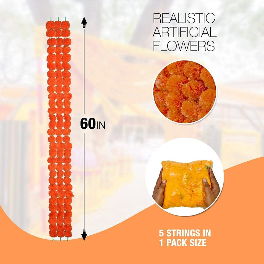 Artificial Marigold Garland for Decorations - 5 feet Marigold Strands for Diwali, Dia de Los Muertos, Christmas Garlands (Lemon & Dark Orange)