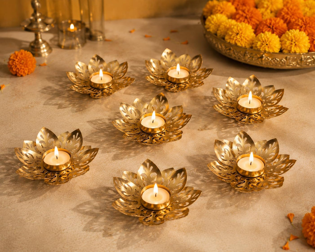 Set of 5 Indian Decorative Diya Holders Lotus Shaped Tealight Candle Holder