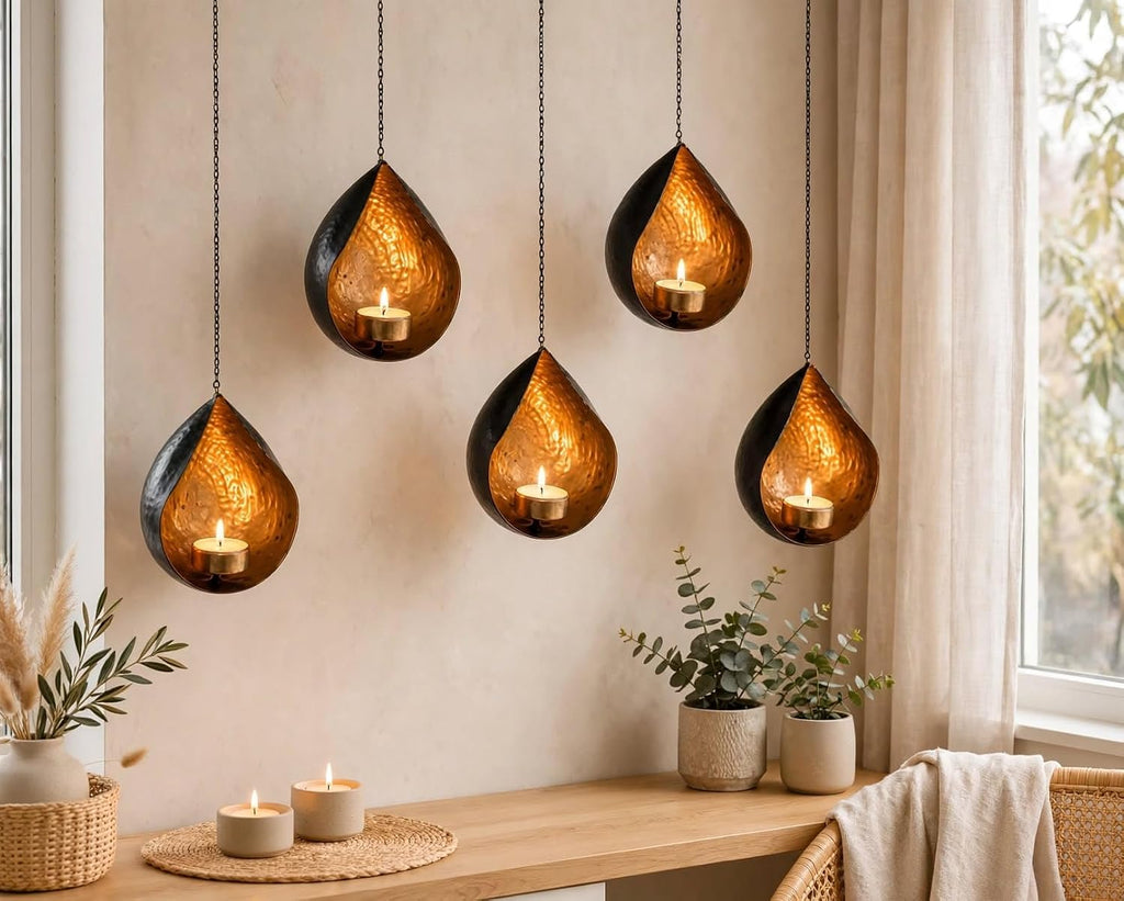 Set of 5 Indian Decorative Diya Holders Hanging Tealight Candle Holder