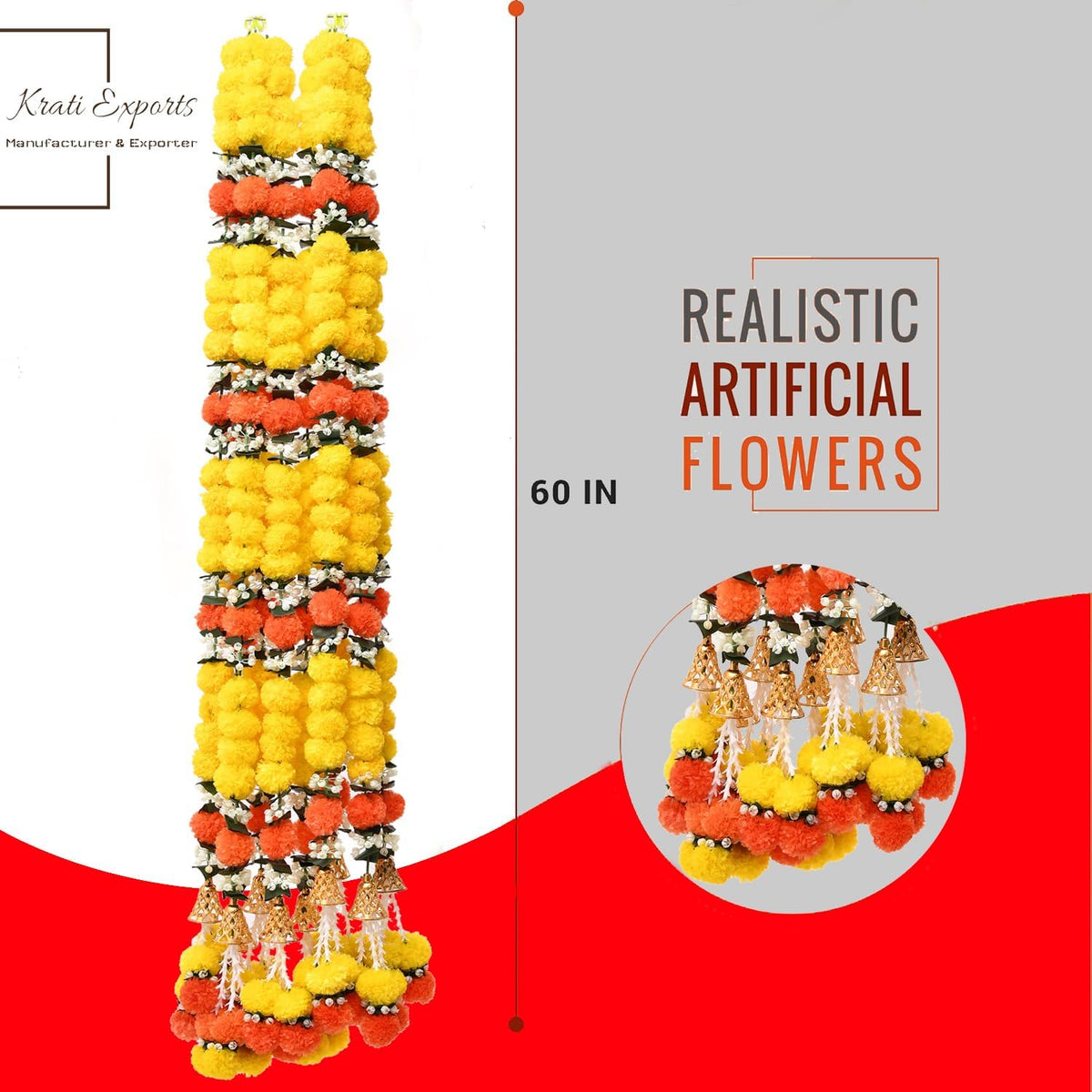 5 Feet Artificial Marigold Garland For Diwali, Yellow And Orange Set Of 5