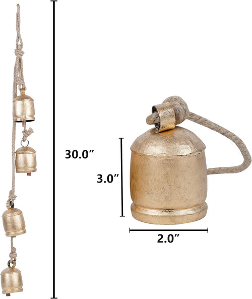 4 Pc Giant Harmony Cow Bells Rustic Handmade Decorative Vintage Hanging Bells with Jute Rope (Gold Rustic, Large)