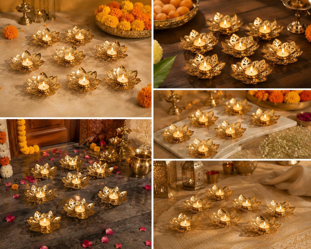 Set of 5 Indian Decorative Diya Holders Lotus Shaped Tealight Candle Holder