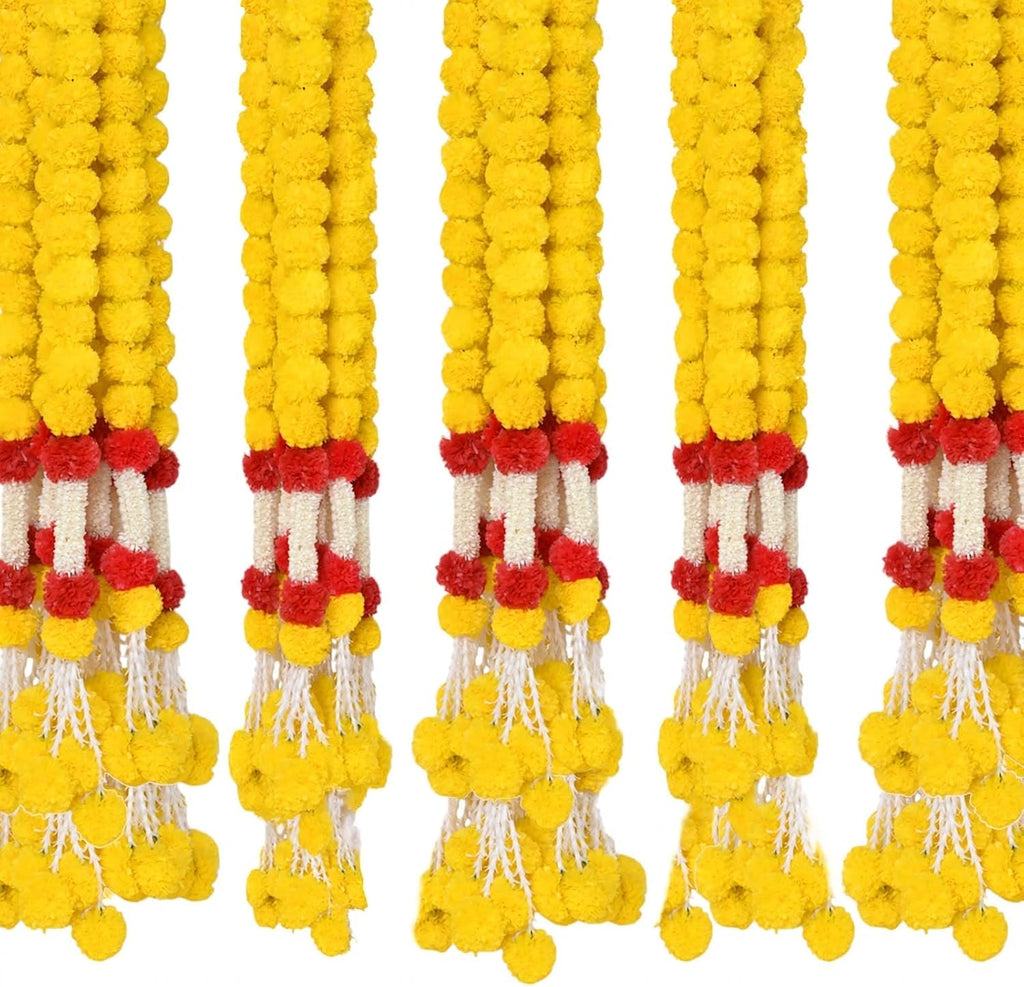 5 Pcs Marigold Garland for Diwali with Jasmine, Indian Arificial Flower 5ft