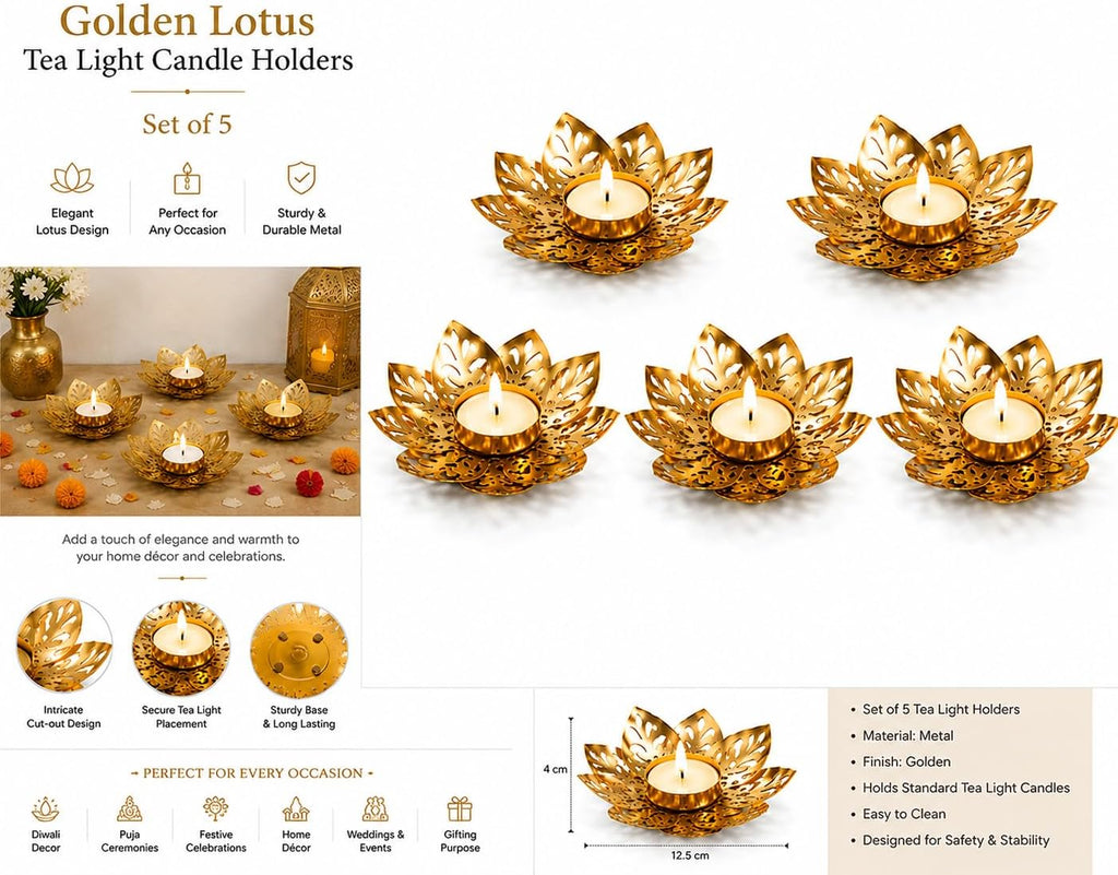 Set of 5 Indian Decorative Diya Holders Lotus Shaped Tealight Candle Holder