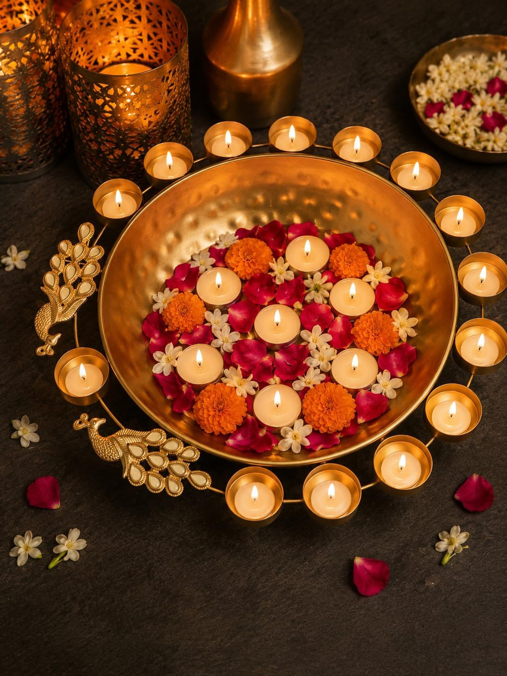 Peacock Urli for Diwali 12 Diya Holders Floating Flower Home Decor
