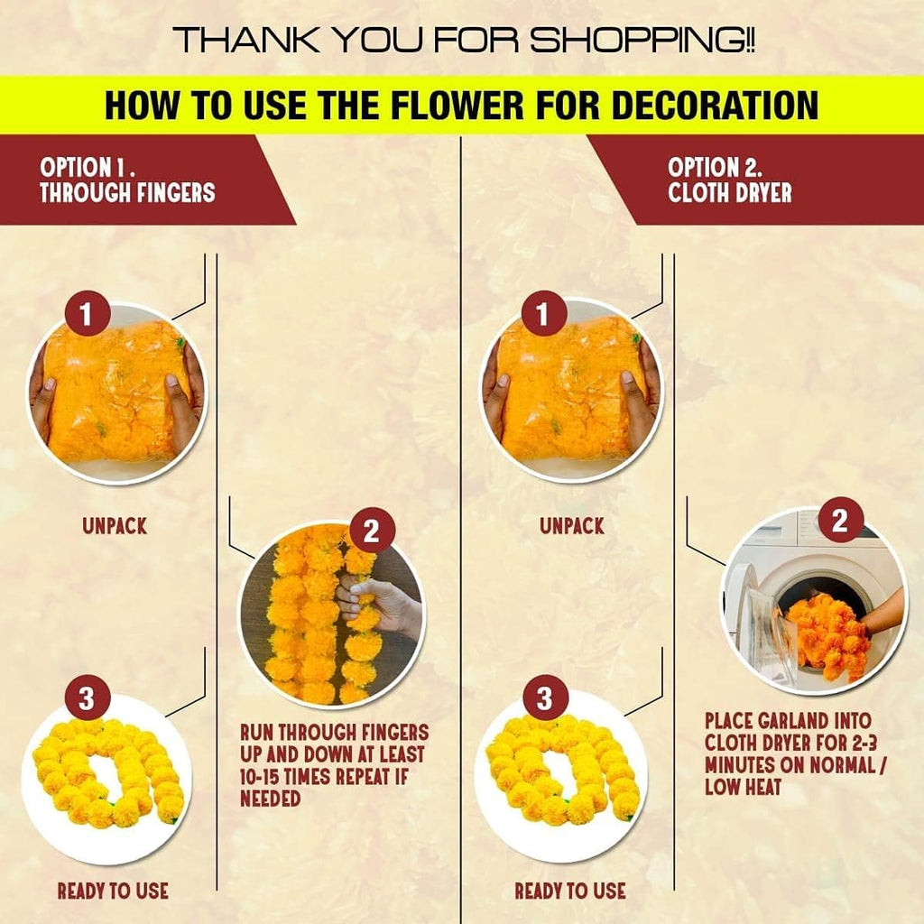 5 Feet Artificial Marigold Garland For Diwali, Yellow And Orange Set Of 5
