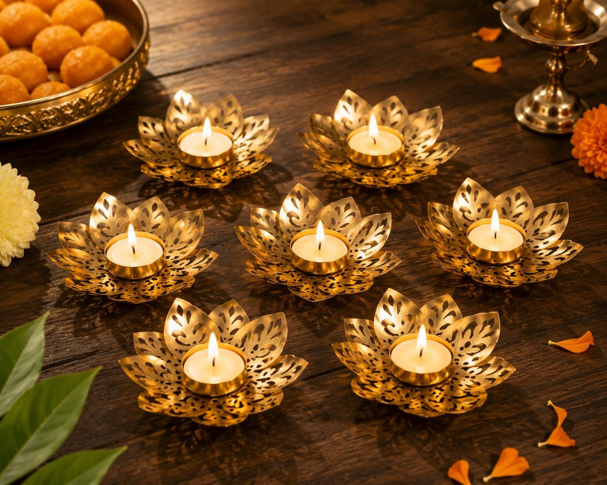 Set of 5 Indian Decorative Diya Holders Lotus Shaped Tealight Candle Holder