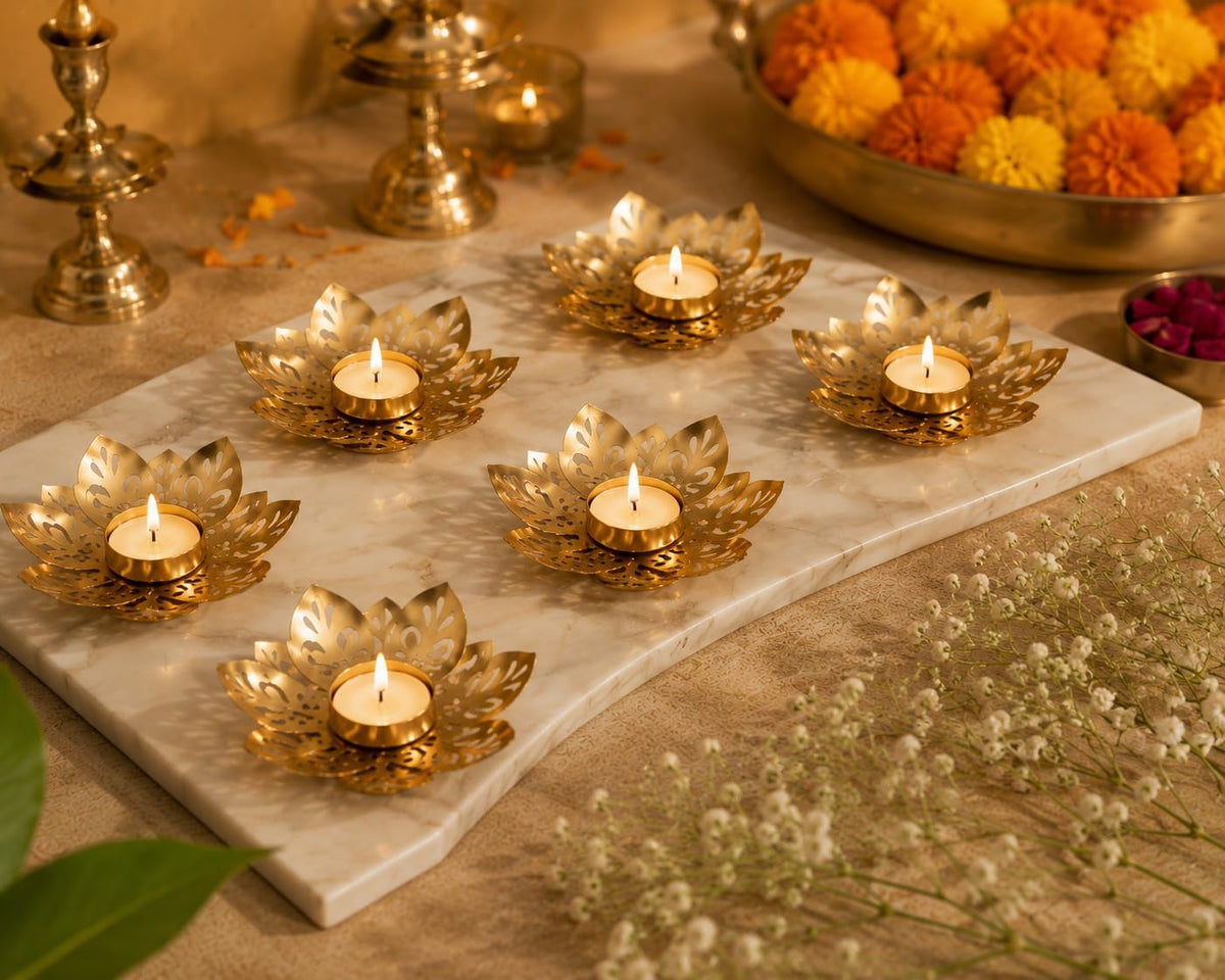 Set of 5 Indian Decorative Diya Holders Lotus Shaped Tealight Candle Holder