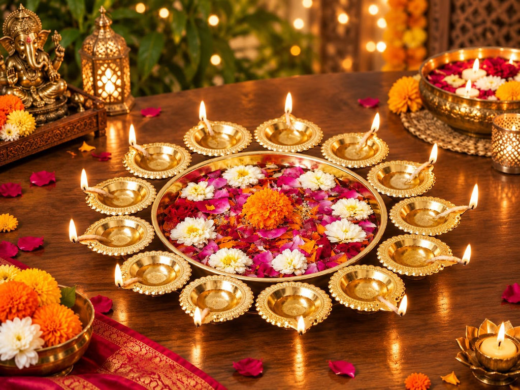 Urli Bowl 14 Inch 12 Diya Holder Indian Diwali Decorations Floating Flowers and Tea Light Candle Holder Pooja Navratri (Gold)