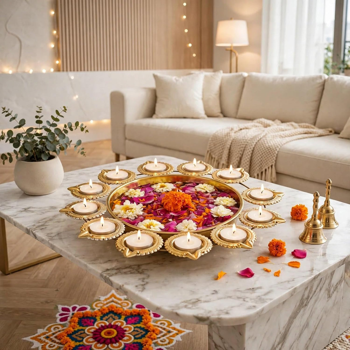 Urli Bowl 14 Inch 12 Diya Holder Indian Diwali Decorations Floating Flowers and Tea Light Candle Holder Pooja Navratri (Gold)