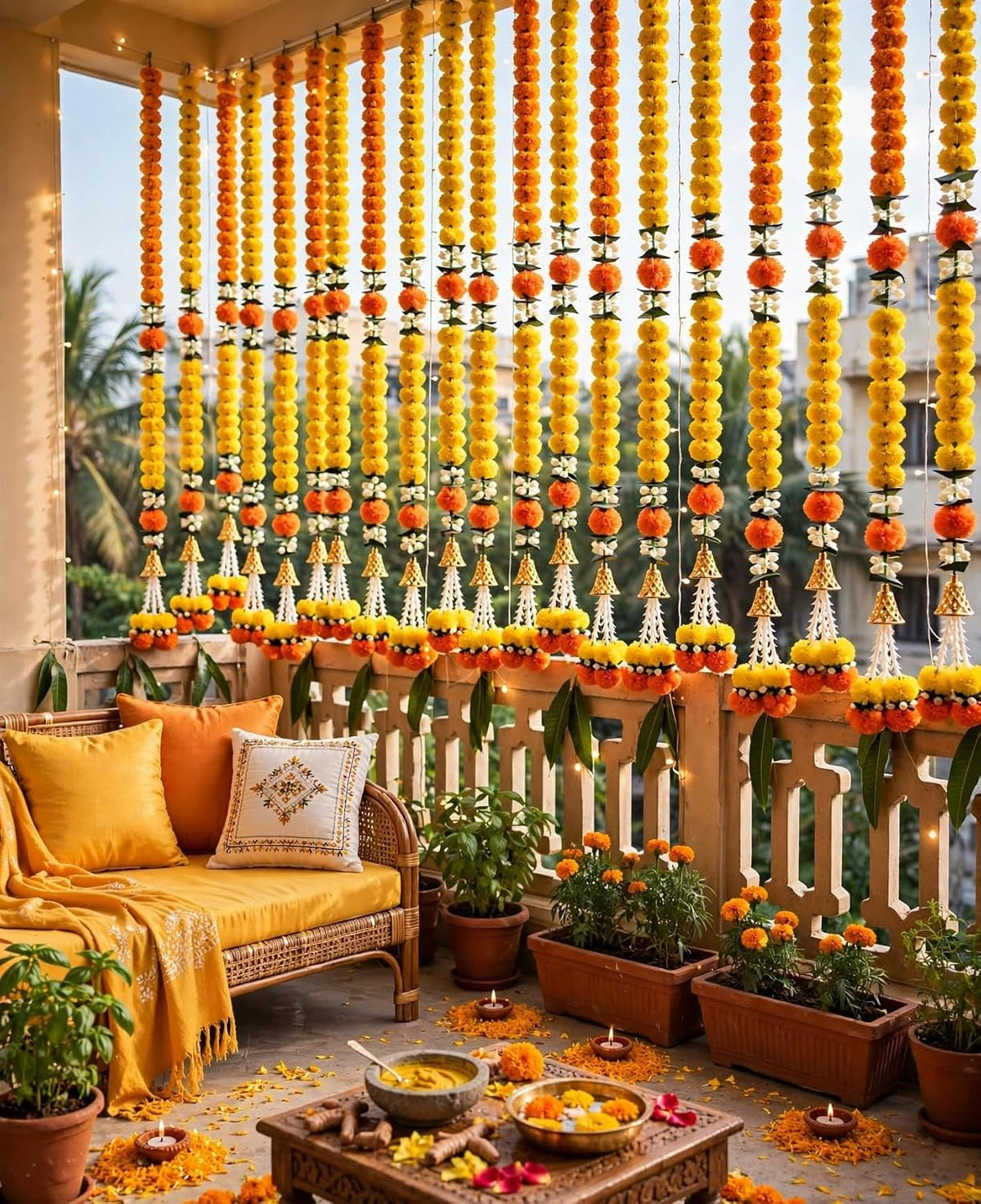 5 Feet Artificial Marigold Garland For Diwali, Yellow And Orange Set Of 5