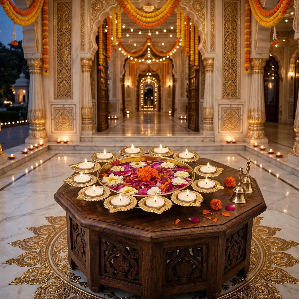 Urli Bowl 14 Inch 12 Diya Holder Indian Diwali Decorations Floating Flowers and Tea Light Candle Holder Pooja Navratri (Gold)