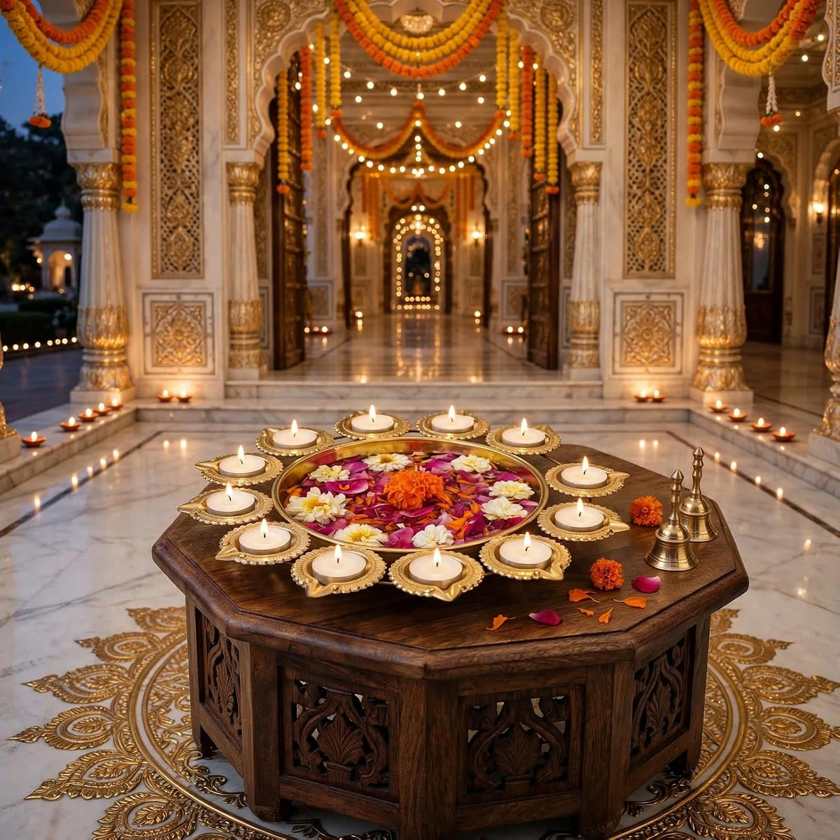 Urli Bowl 14 Inch 12 Diya Holder Indian Diwali Decorations Floating Flowers and Tea Light Candle Holder Pooja Navratri (Gold)