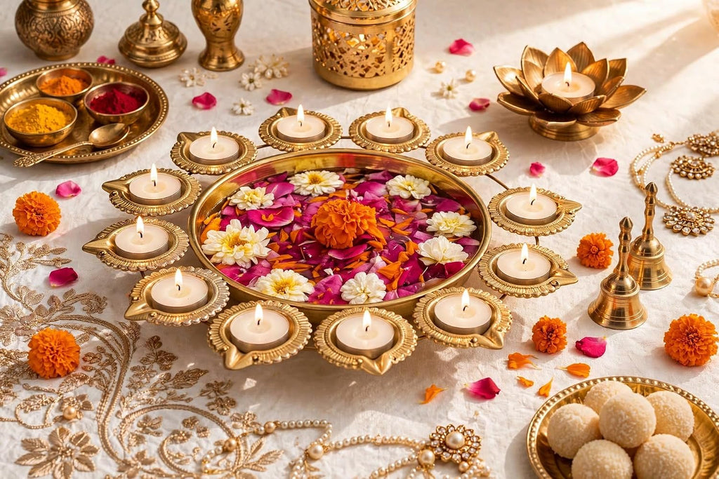 Urli Bowl 14 Inch 12 Diya Holder Indian Diwali Decorations Floating Flowers and Tea Light Candle Holder Pooja Navratri (Gold)