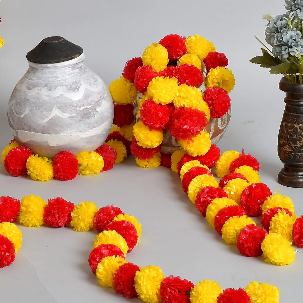 Artificial Marigold Garland for Decorations - 5 feet Marigold Strands for Diwali, Dia de Los Muertos, Christmas Garlands (Lemon & Dark Orange)