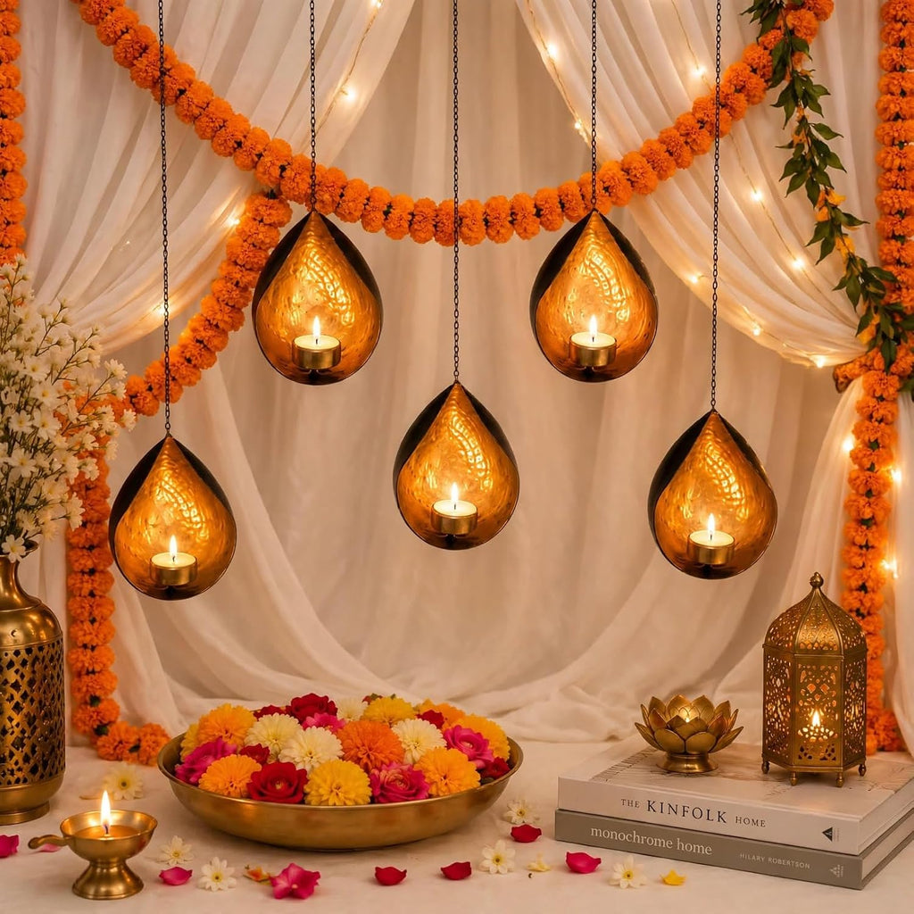 Set of 5 Indian Decorative Diya Holders Hanging Tealight Candle Holder