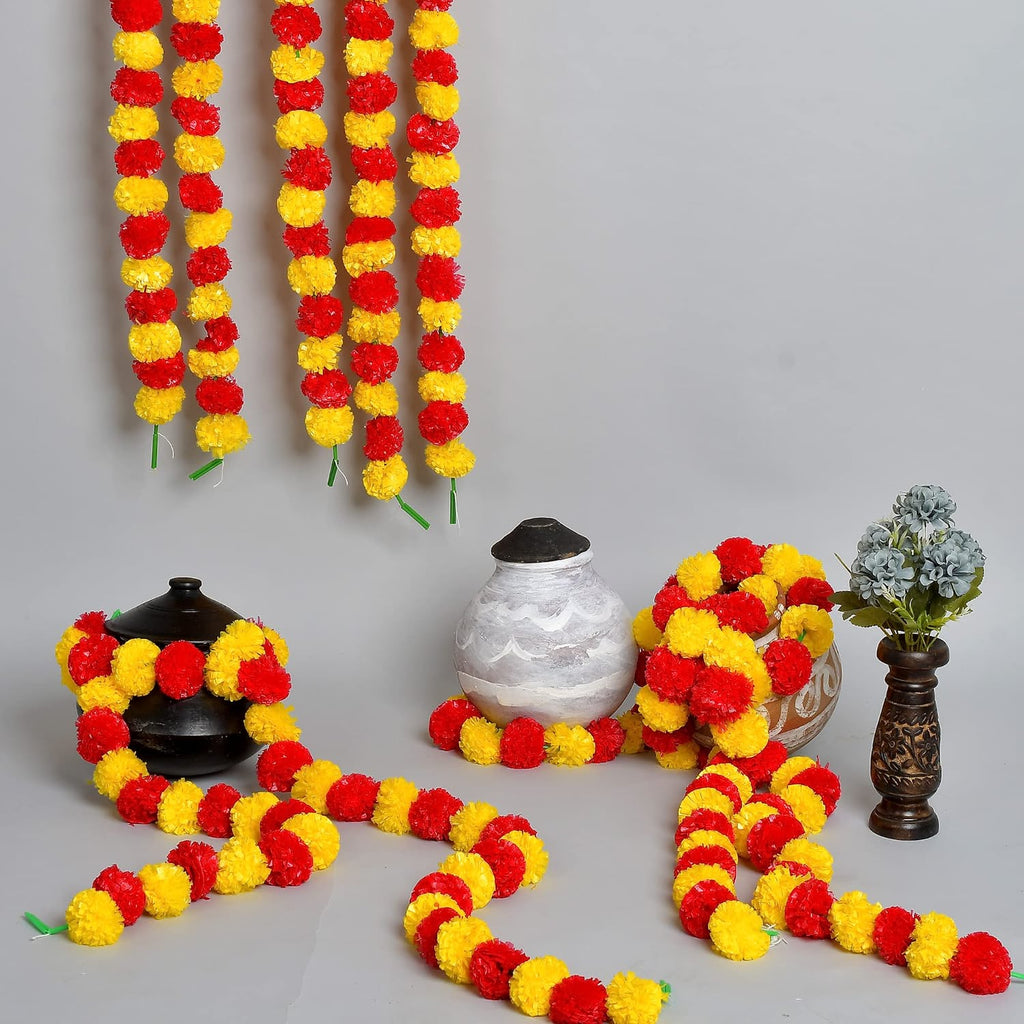 Artificial Marigold Garland for Decorations - 5 feet Marigold Strands for Diwali, Dia de Los Muertos, Christmas Garlands (Lemon & Dark Orange)