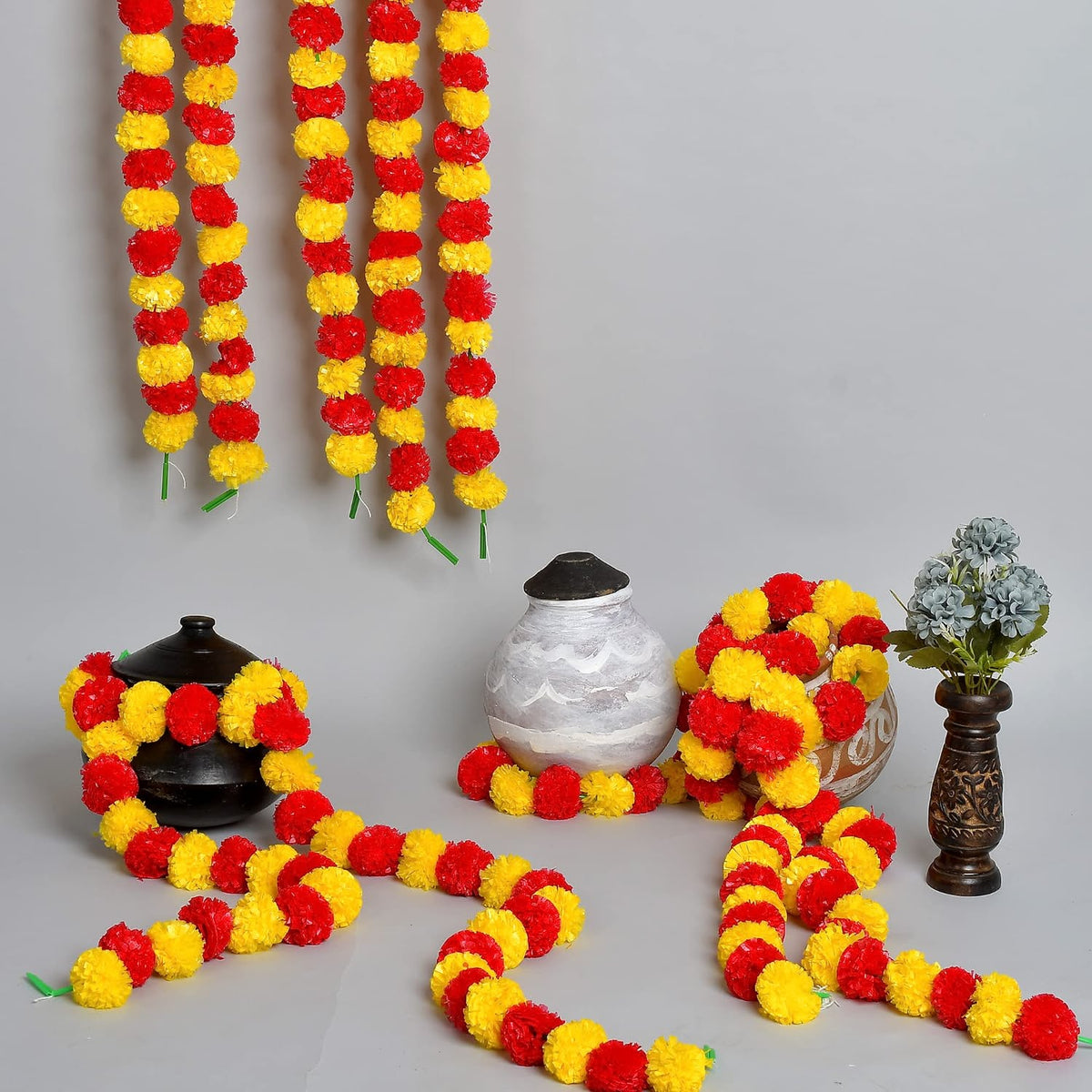 Artificial Marigold Garland for Decorations - 5 feet Marigold Strands for Diwali, Dia de Los Muertos, Christmas Garlands (Lemon & Dark Orange)