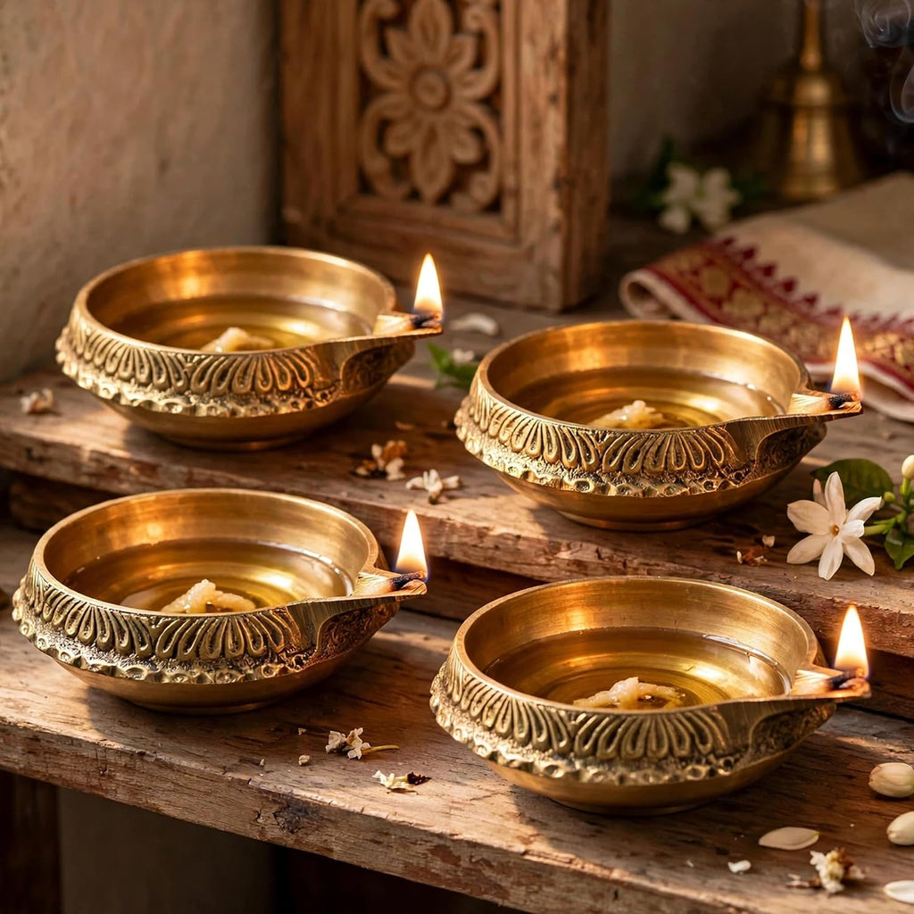 4 Pc Brass Kuber Diya Set for Diwali Pooja Traditional Oil lamp Deepak