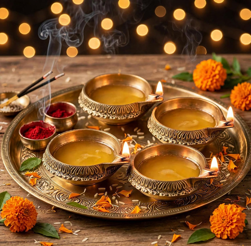 4 Pc Brass Kuber Diya Set for Diwali Pooja Traditional Oil lamp Deepak