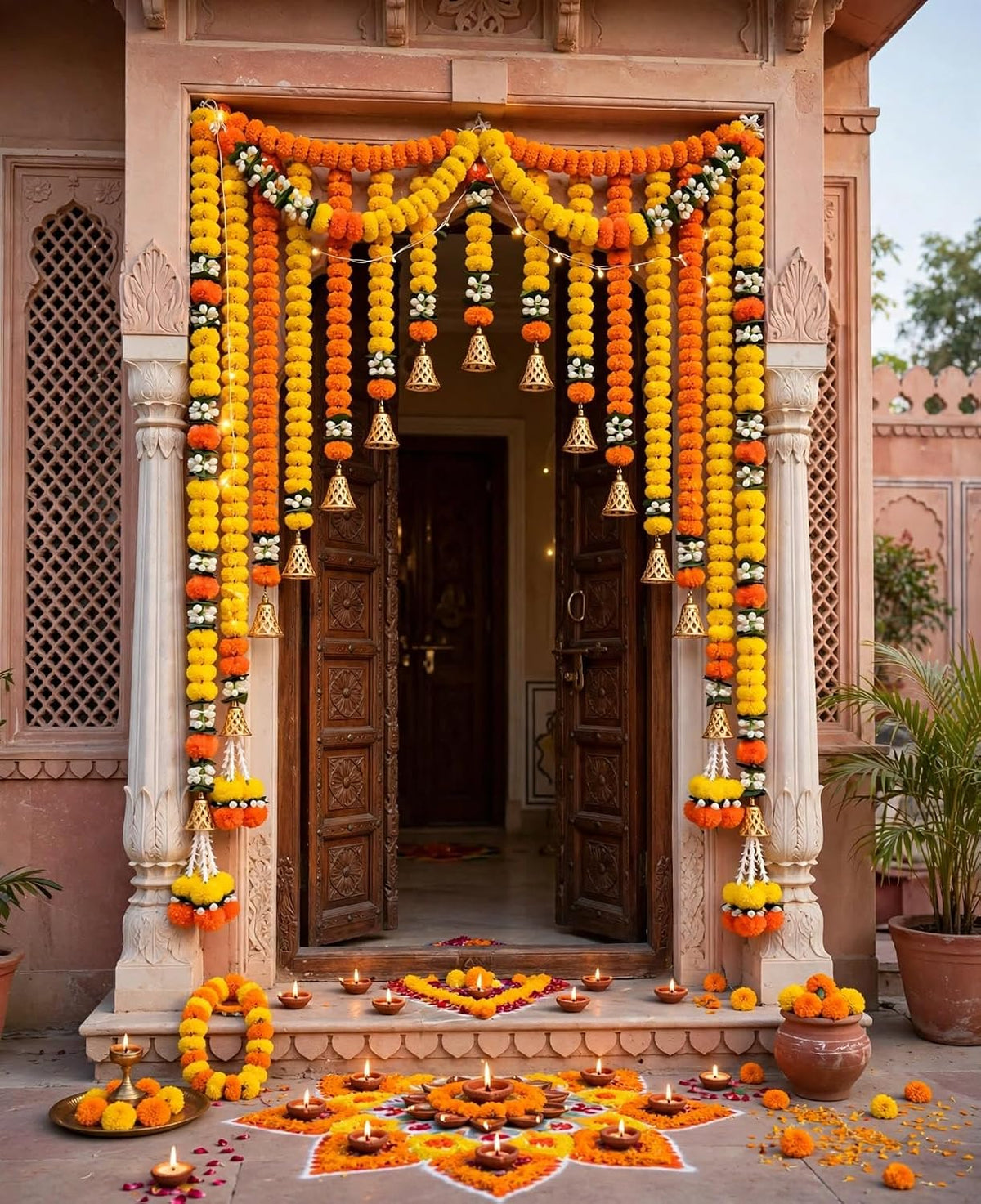 5 Feet Artificial Marigold Garland For Diwali, Yellow And Orange Set Of 5