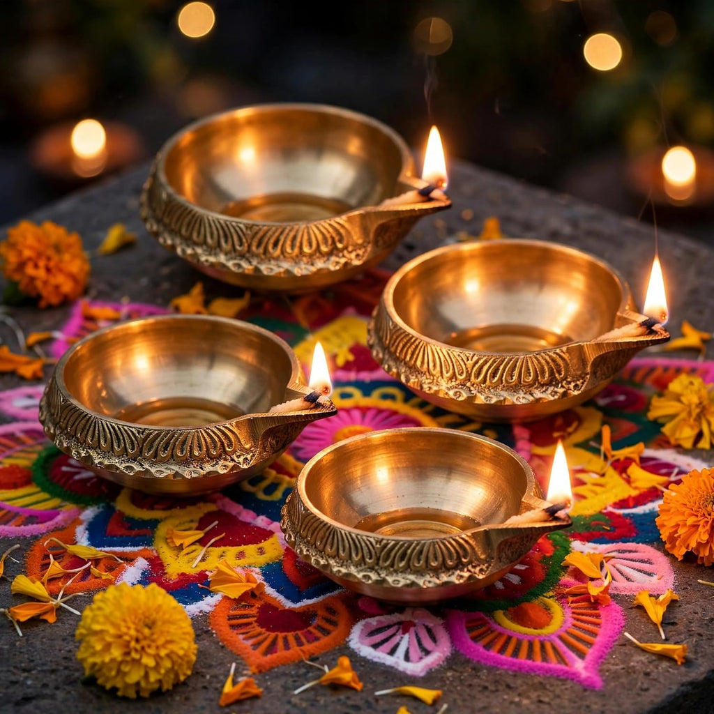 4 Pc Brass Kuber Diya Set for Diwali Pooja Traditional Oil lamp Deepak