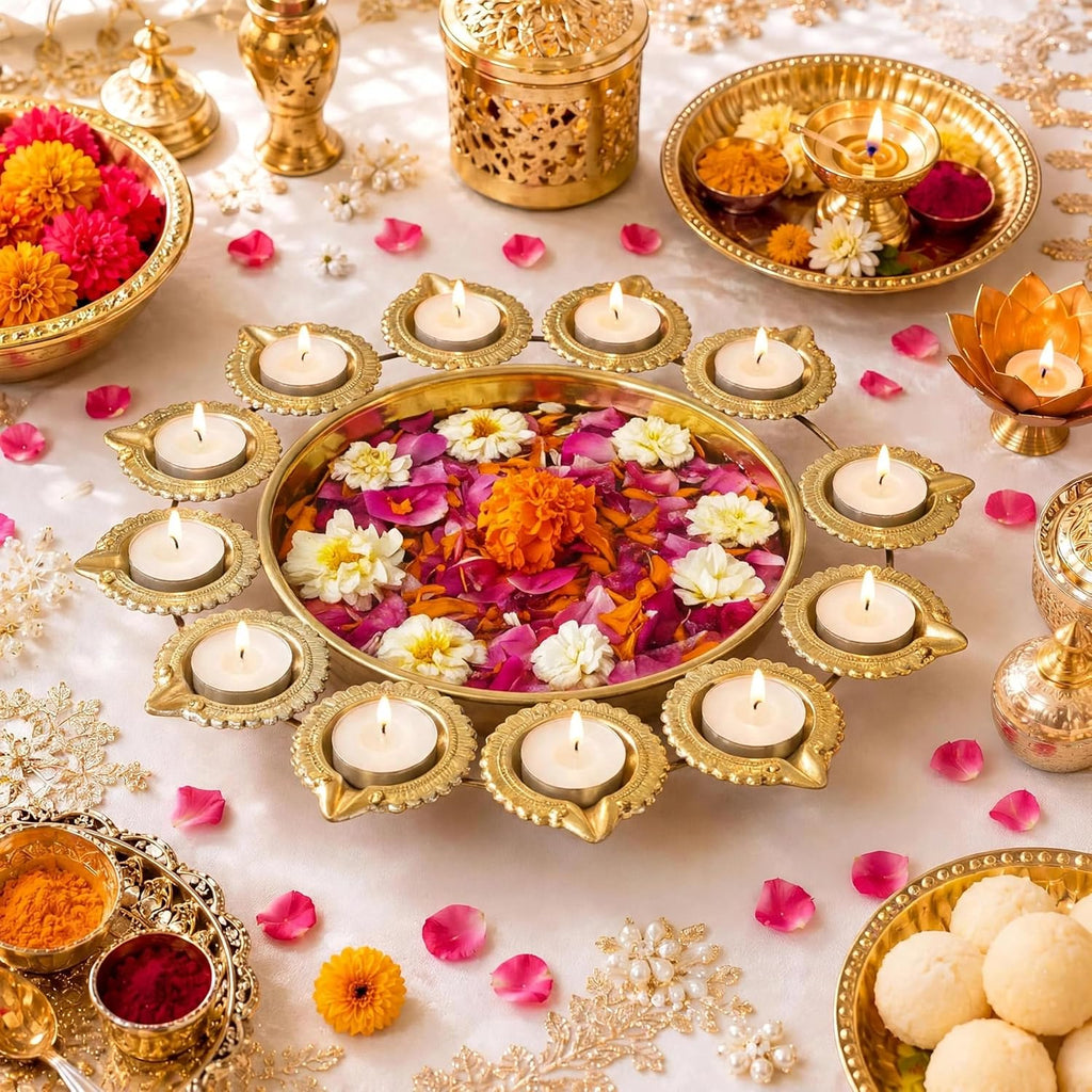 Urli Bowl 14 Inch 12 Diya Holder Indian Diwali Decorations Floating Flowers and Tea Light Candle Holder Pooja Navratri (Gold)