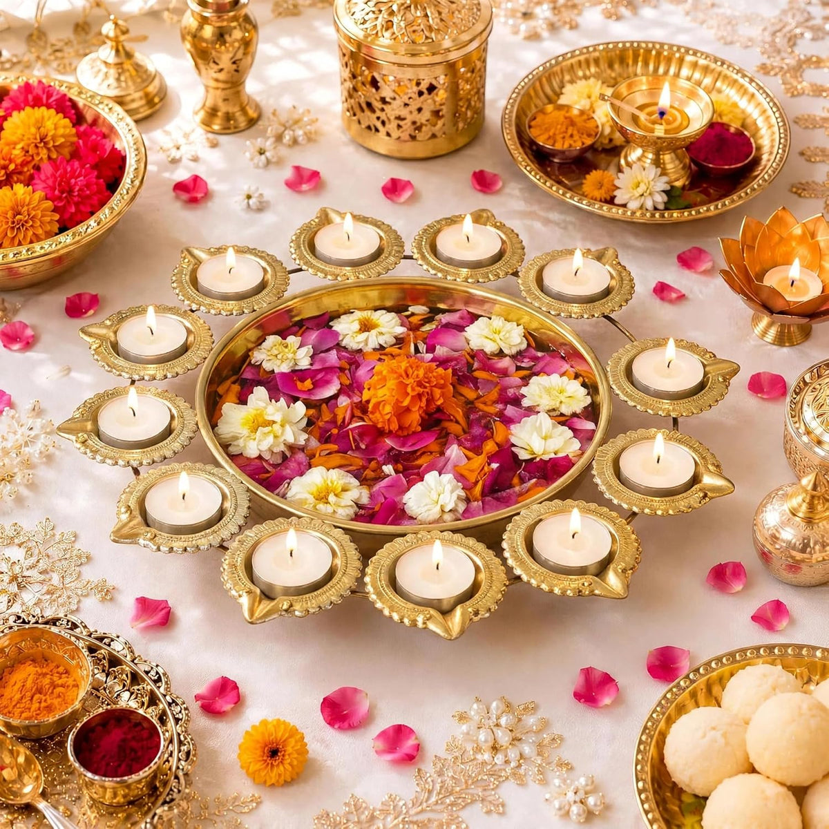 Urli Bowl 14 Inch 12 Diya Holder Indian Diwali Decorations Floating Flowers and Tea Light Candle Holder Pooja Navratri (Gold)