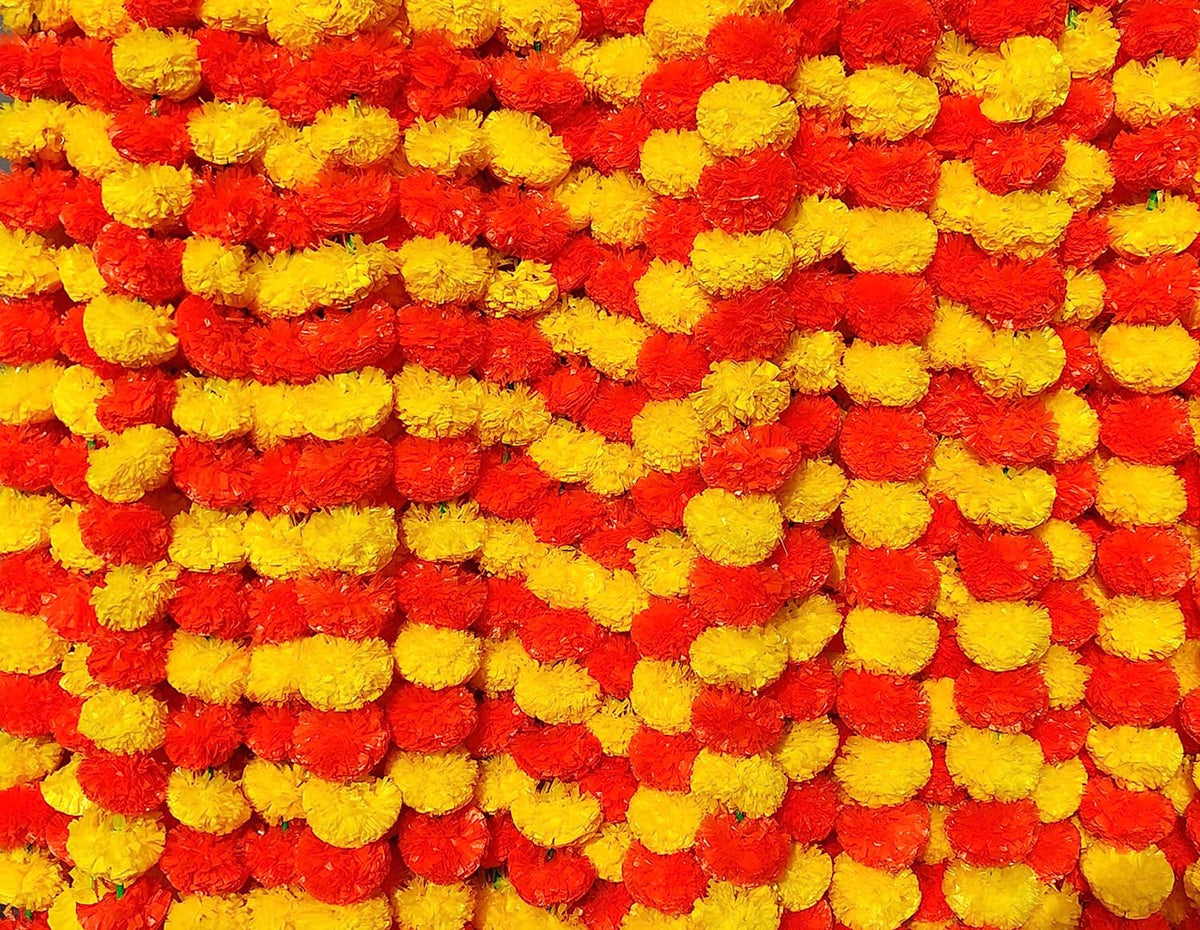 Artificial Marigold Garland for Decorations - 5 feet Marigold Strands for Diwali, Dia de Los Muertos, Christmas Garlands (Lemon & Dark Orange)