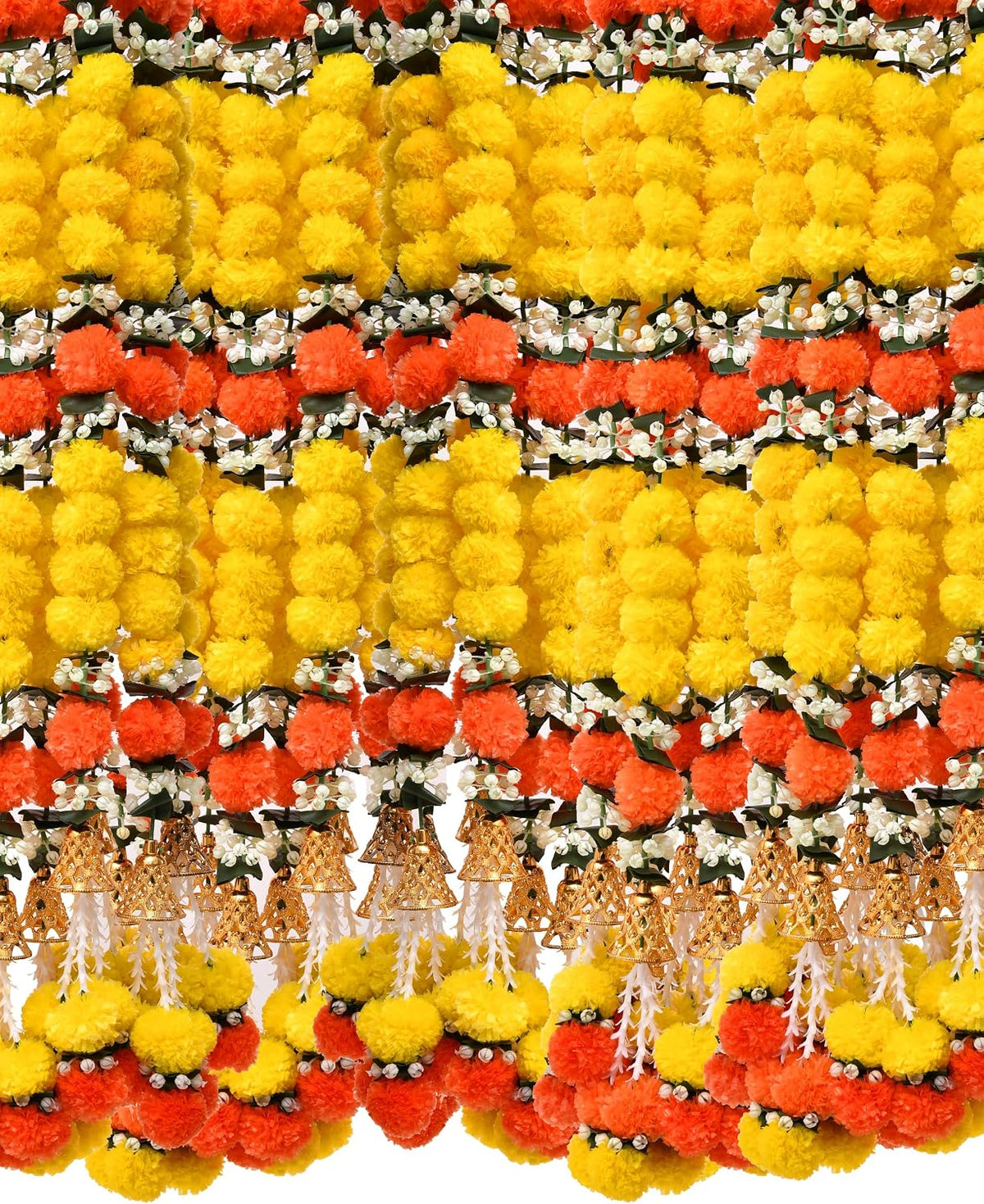 5 Feet Artificial Marigold Garland For Diwali, Yellow And Orange Set Of 5